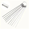 Stainless steel shower head cleaning brush set with multiple thin wires and a loop hanger