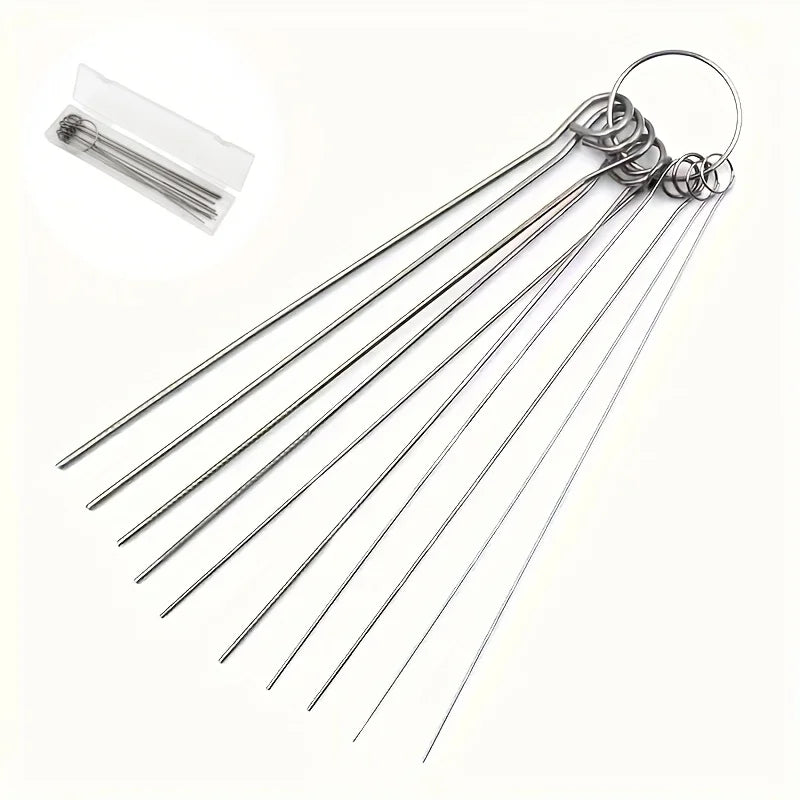 Stainless steel shower head cleaning brush set with multiple thin wires and a loop hanger
