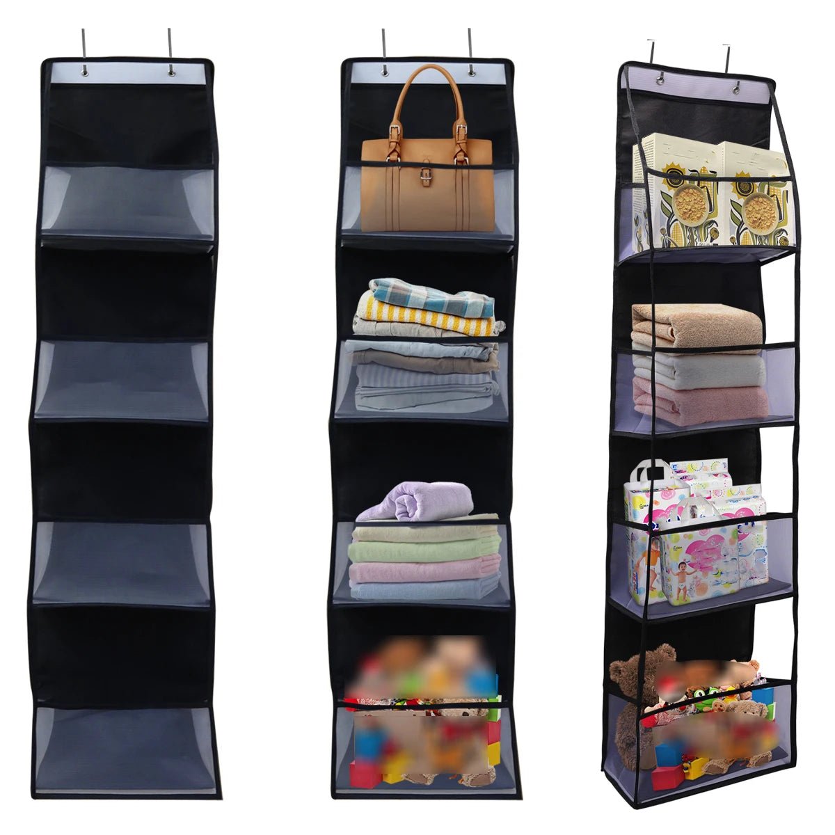 A black over-the-door fabric storage organizer with multiple pockets displaying various textiles and accessories.