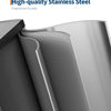 Close-up view of a stainless steel dual compartment step trash can with a mesh liner.