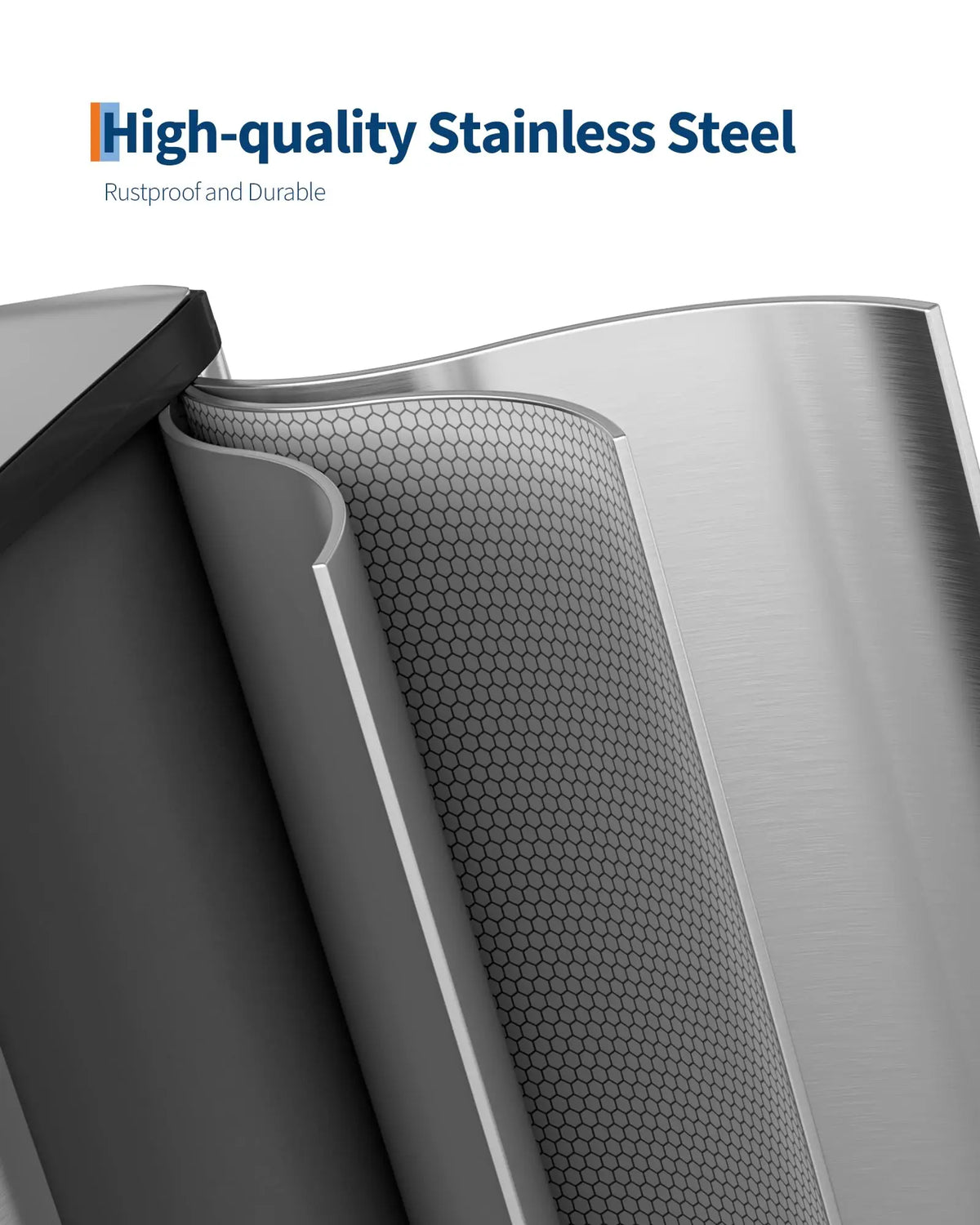 Close-up view of a stainless steel dual compartment step trash can with a mesh liner.