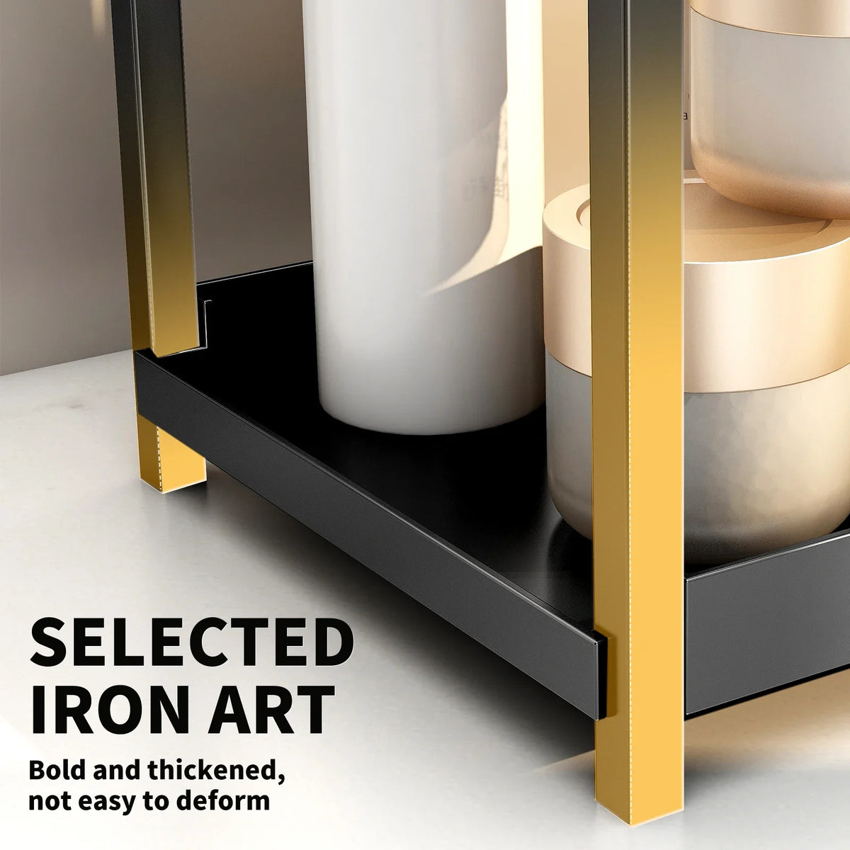 A gold and black two-tier desktop storage rack displaying skincare products.