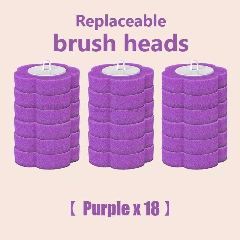 Têtes de brosse violettes remplaçables empilées dans un contenant cylindrique