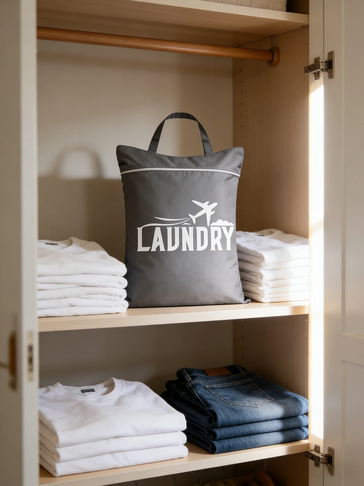 A gray laundry bag filled with white towels is displayed on a wooden shelf inside a cabinet.
