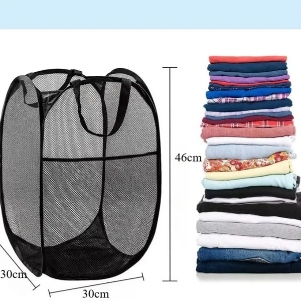Black foldable mesh laundry basket organizer with dimensions 30cm by 30cm and height 46cm