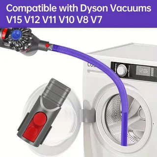 A purple dryer vent cleaning tool is shown connected to a vacuum hose, positioned near the vent opening of a white appliance.