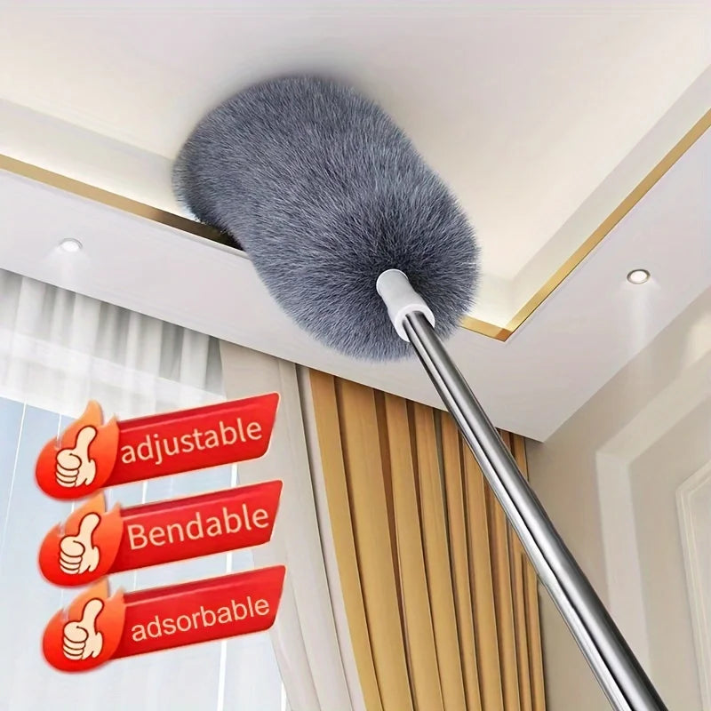 A silver extendable microfiber duster with a fluffy gray head is shown hanging from a ceiling fixture.