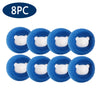 Eight reusable blue lint and hair remover balls with white bear heads