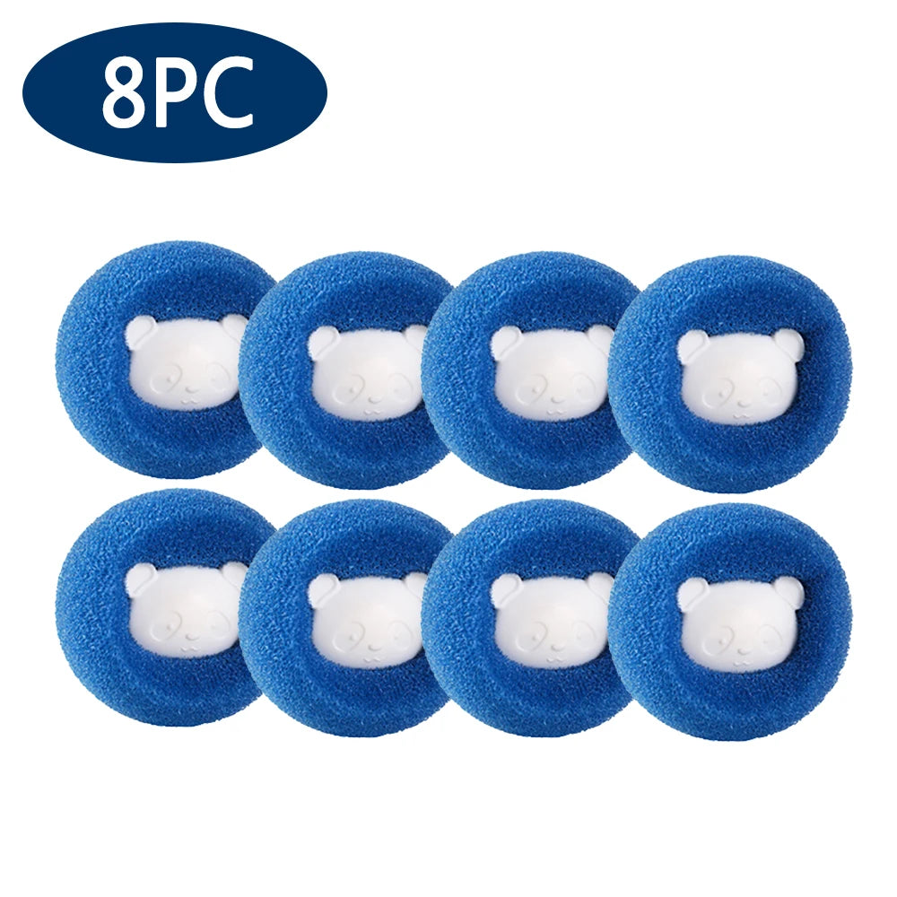 Eight reusable blue lint and hair remover balls with white bear heads