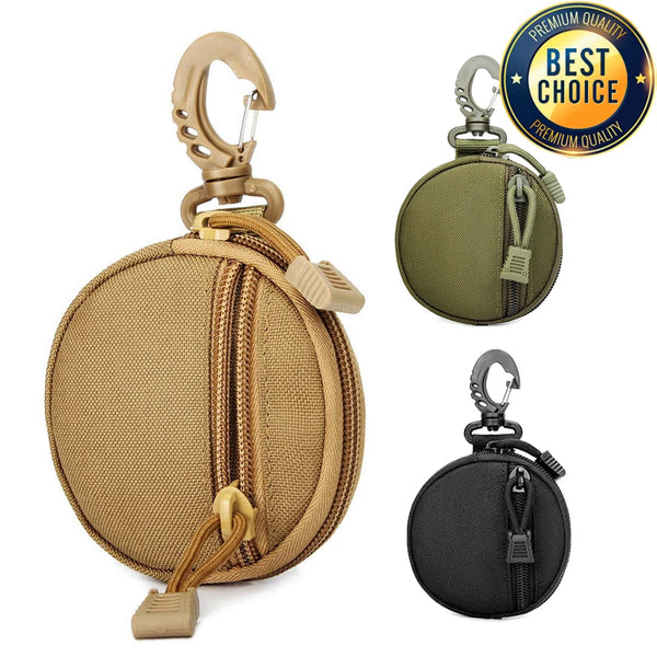 A set of compact nylon coin pouch and key holder with carabiner in tan and black colors.