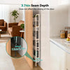 A wooden cabinet door shows a 3.74-inch seam depth, demonstrating the fitting of a slim wall-mounted storage rack.