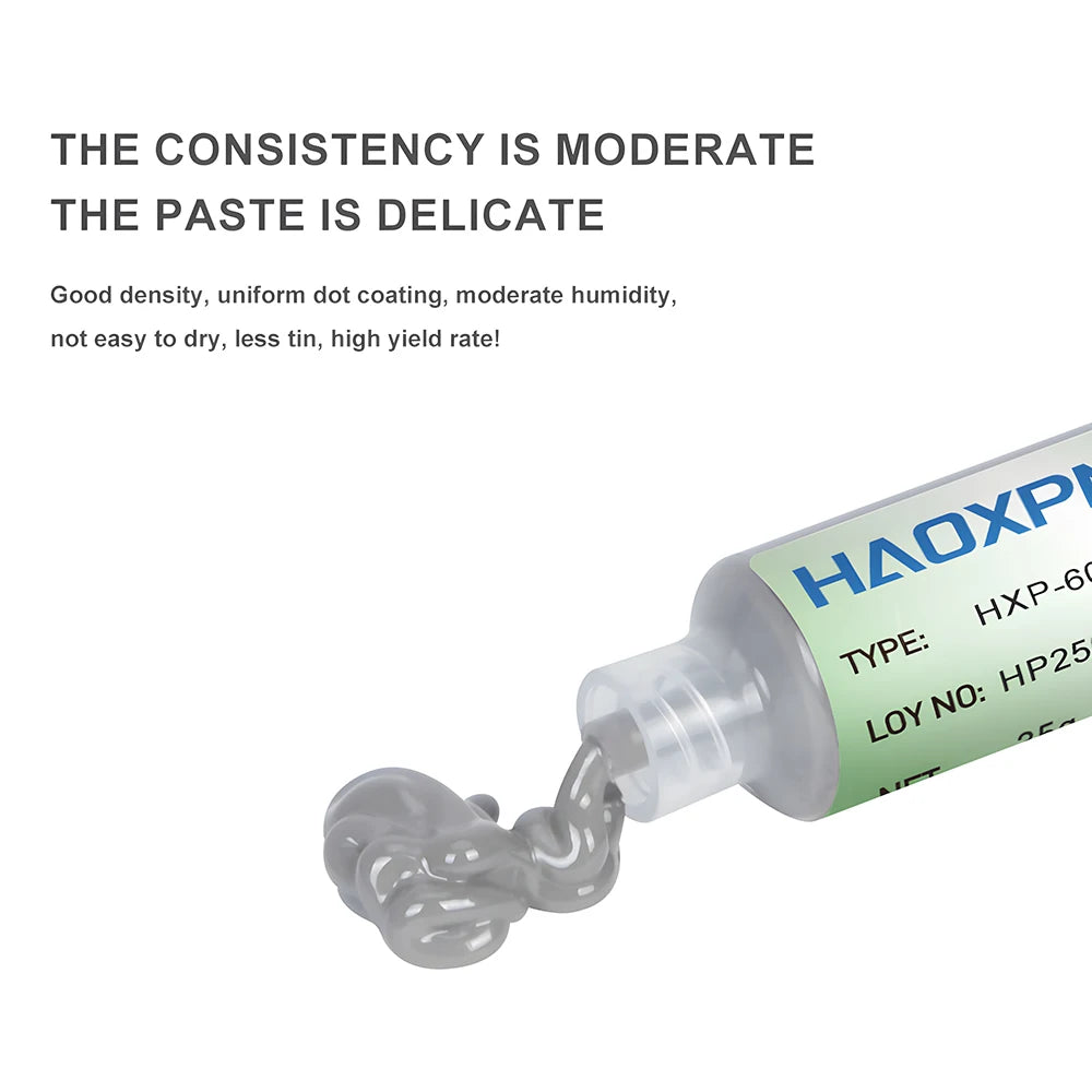 A glass tube of solder paste flux labeled HXP-60 is shown, with text describing its consistency and properties.