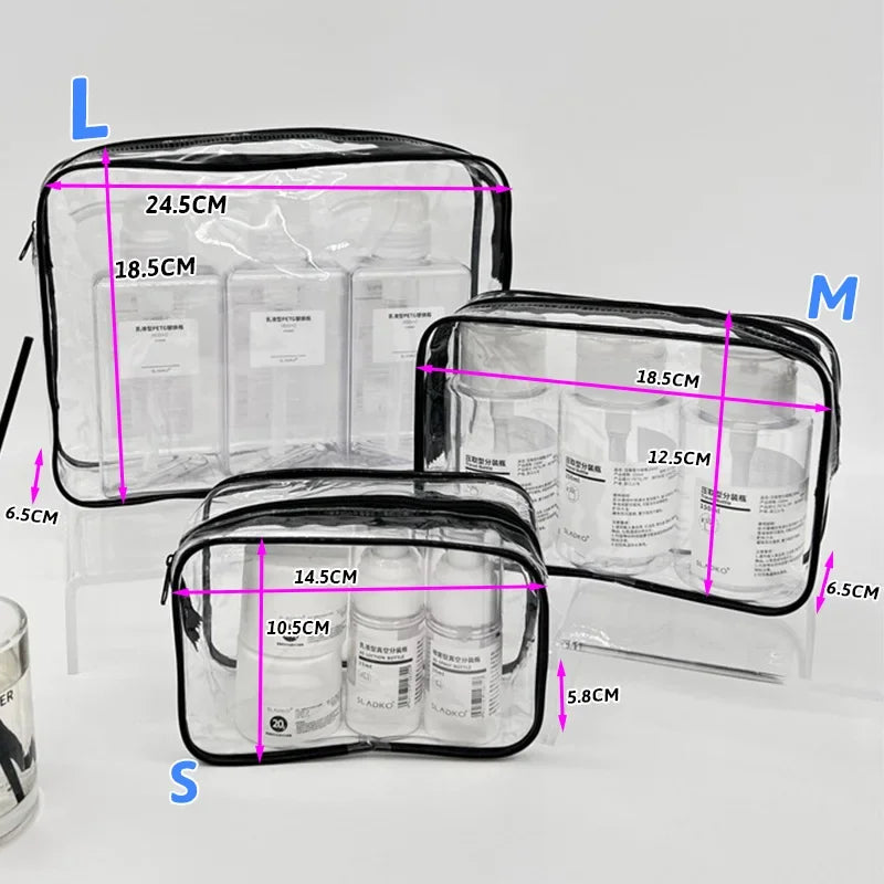 Three transparent travel makeup organizer bags showing various sizes and dimensions.