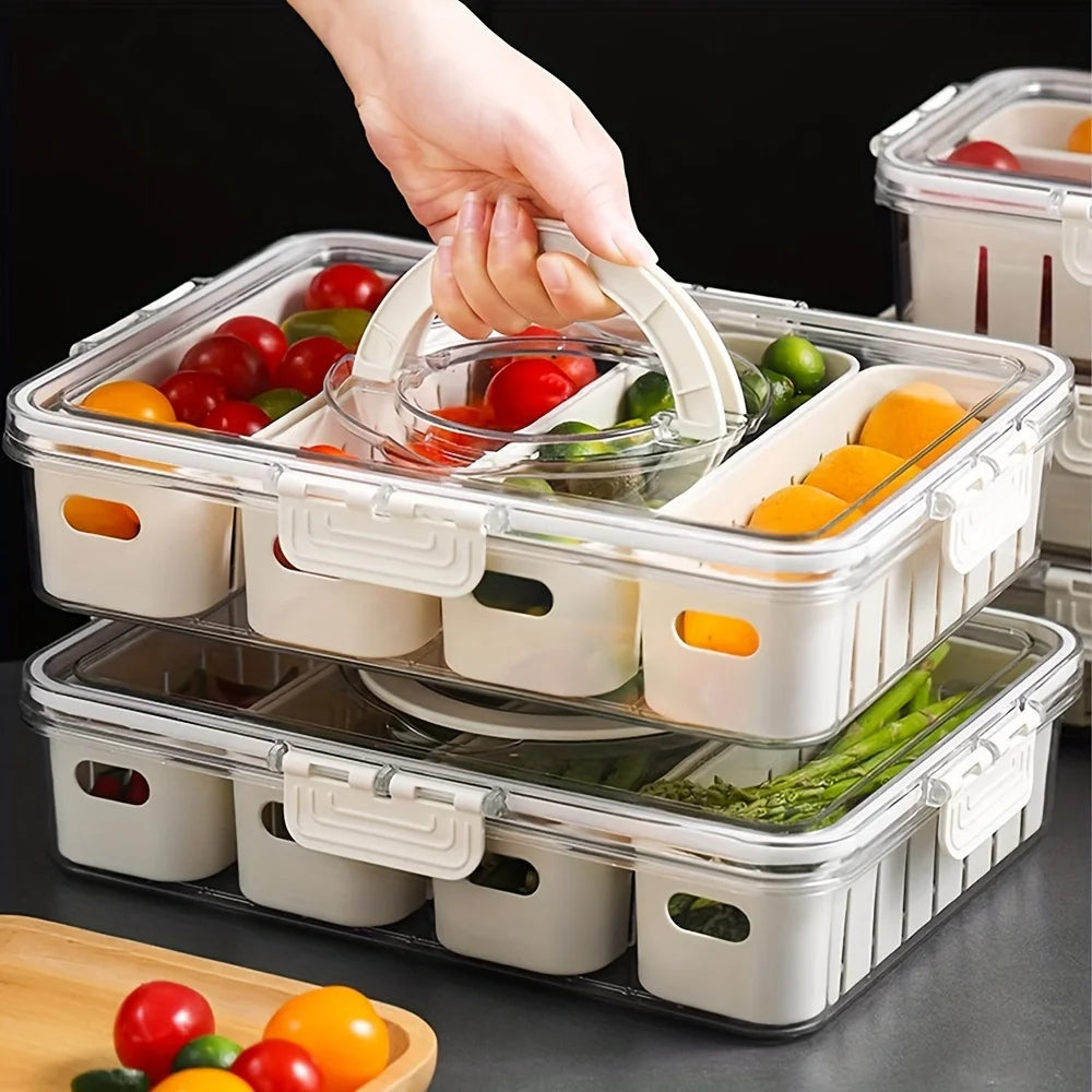 A hand is placing fresh vegetables into an 8 compartment snack organizer tray with clear lids.