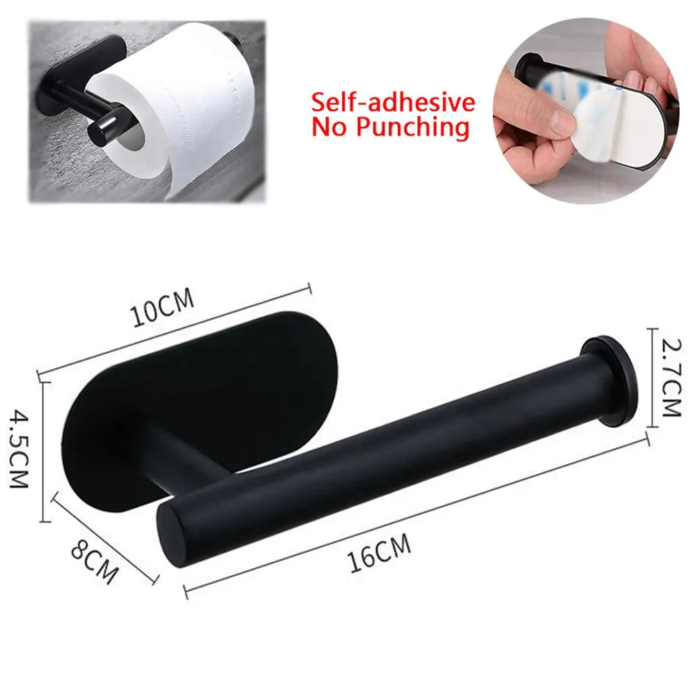 Black stainless steel no-drill adhesive paper towel holder with a white roll and a reflective mirror