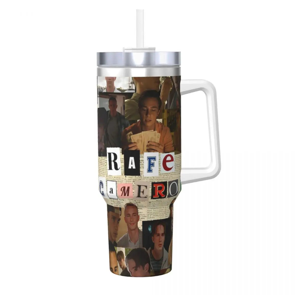 A stainless steel travel tumbler mug featuring a collage of photos and the name Rafe Camero.