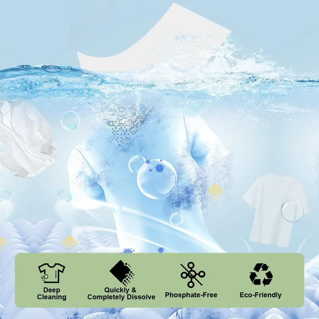 Tablettes de lessive blanches flottant dans l'eau claire, mettant en avant le nettoyage profond, la dissolution, le sans phos