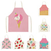 A collection of custom printed linen aprons featuring various colorful designs and patterns.