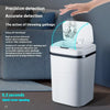 A white touchless sensor trash can is shown with its lid open, demonstrating precision detection for garbage throwing.