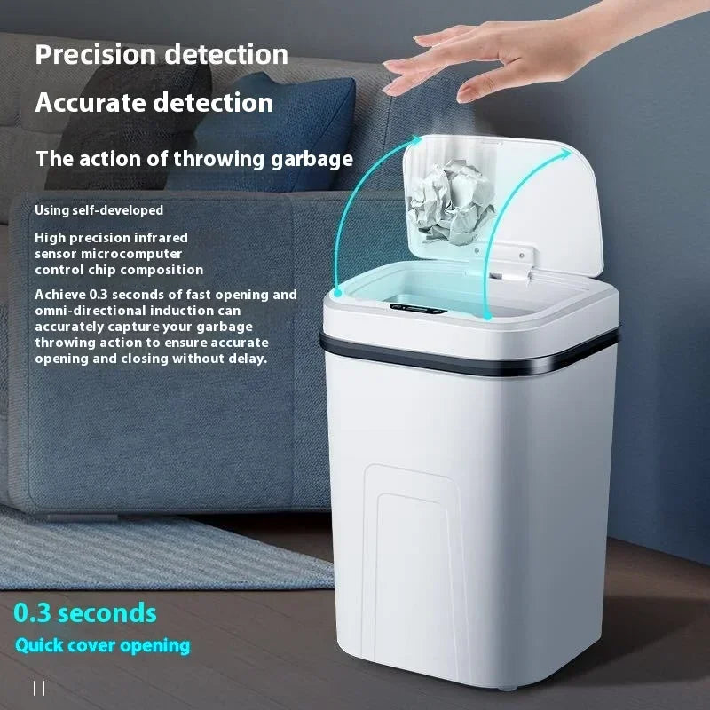 A white touchless sensor trash can is shown with its lid open, demonstrating precision detection for garbage throwing.