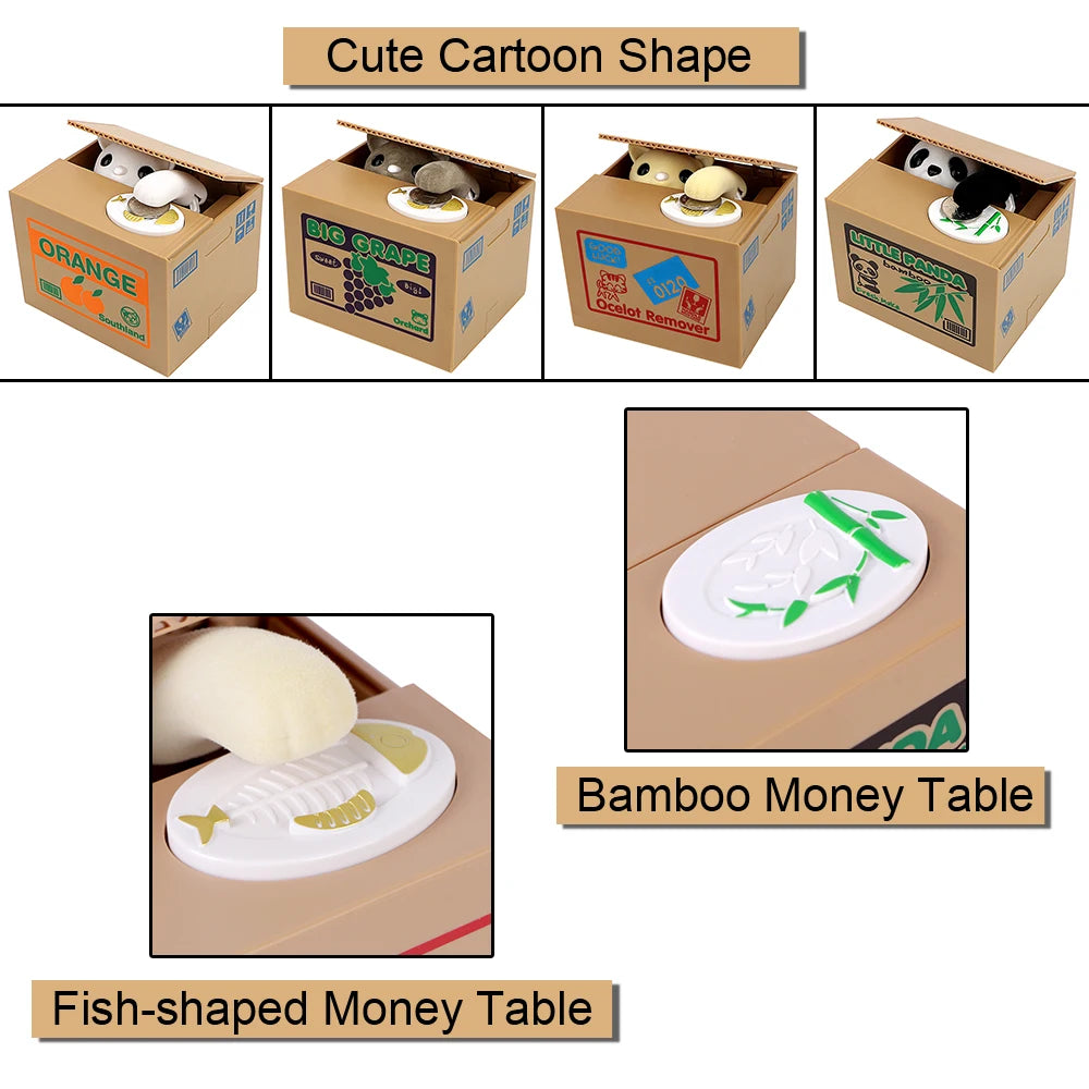 Set süße Papp-Sparschweine mit Designs aus Orange, Bio-Traube und Panda sowie Bambus- und Fischformen