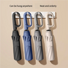 Three windproof automatic folding umbrellas in gray, blue, and white hanging on a wall.