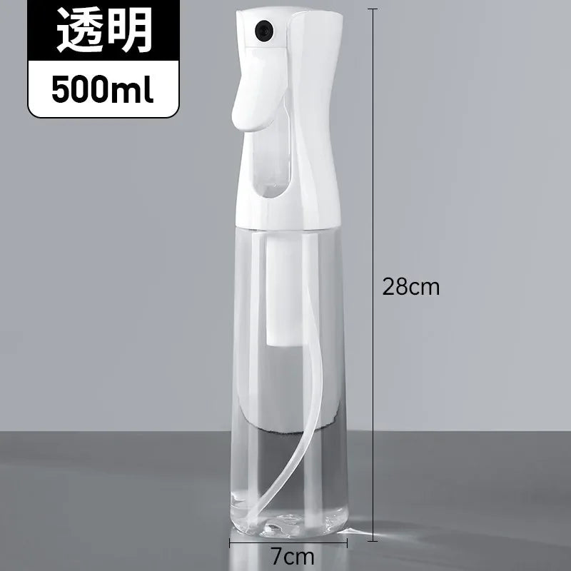 A clear, refillable continuous mist spray bottle with a white nozzle and pump mechanism.