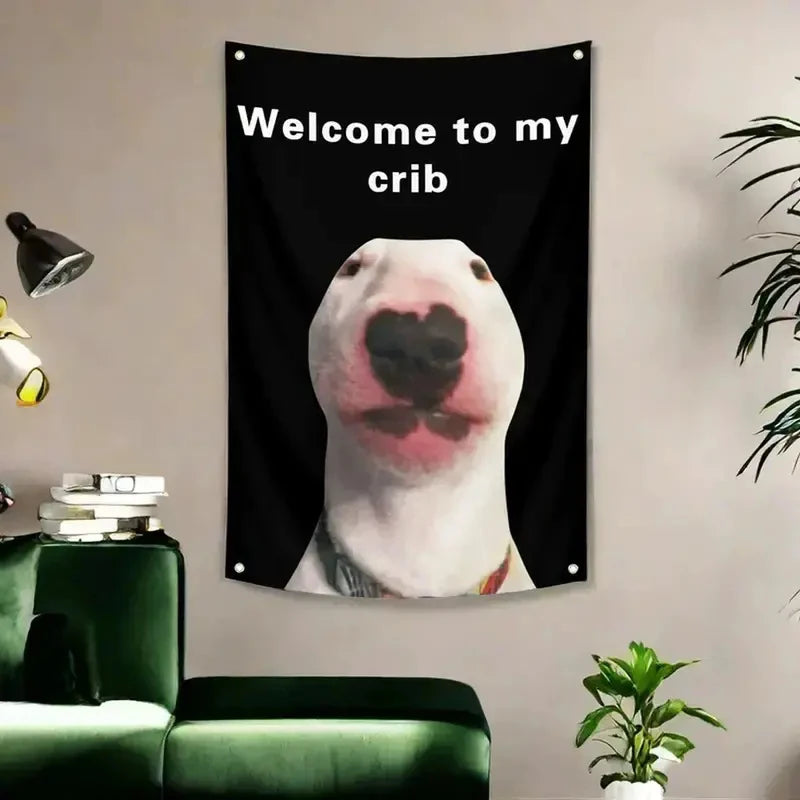 A black tapestry featuring a funny bull terrier meme face with a heart shape on its nose.