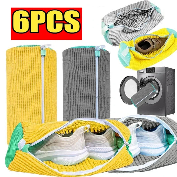 Six reusable mesh bags for washing and drying shoes in yellow, gray, and light blue colors.
