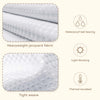 A white fabric product showing a close-up of a tight weave texture and features like waterproof ball bearing, light-blocking,