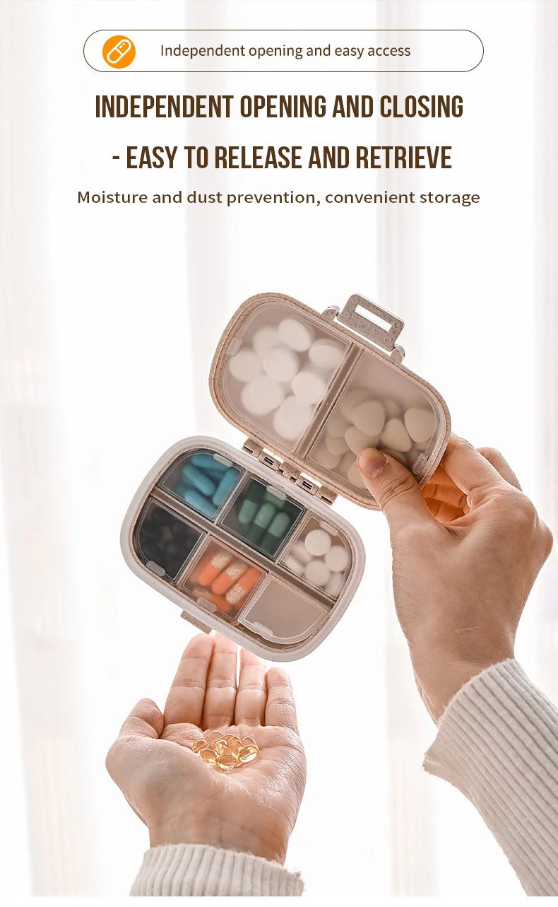 A hand opens an 8-grid portable pill organizer with an airtight seal, showing various colored pills inside.