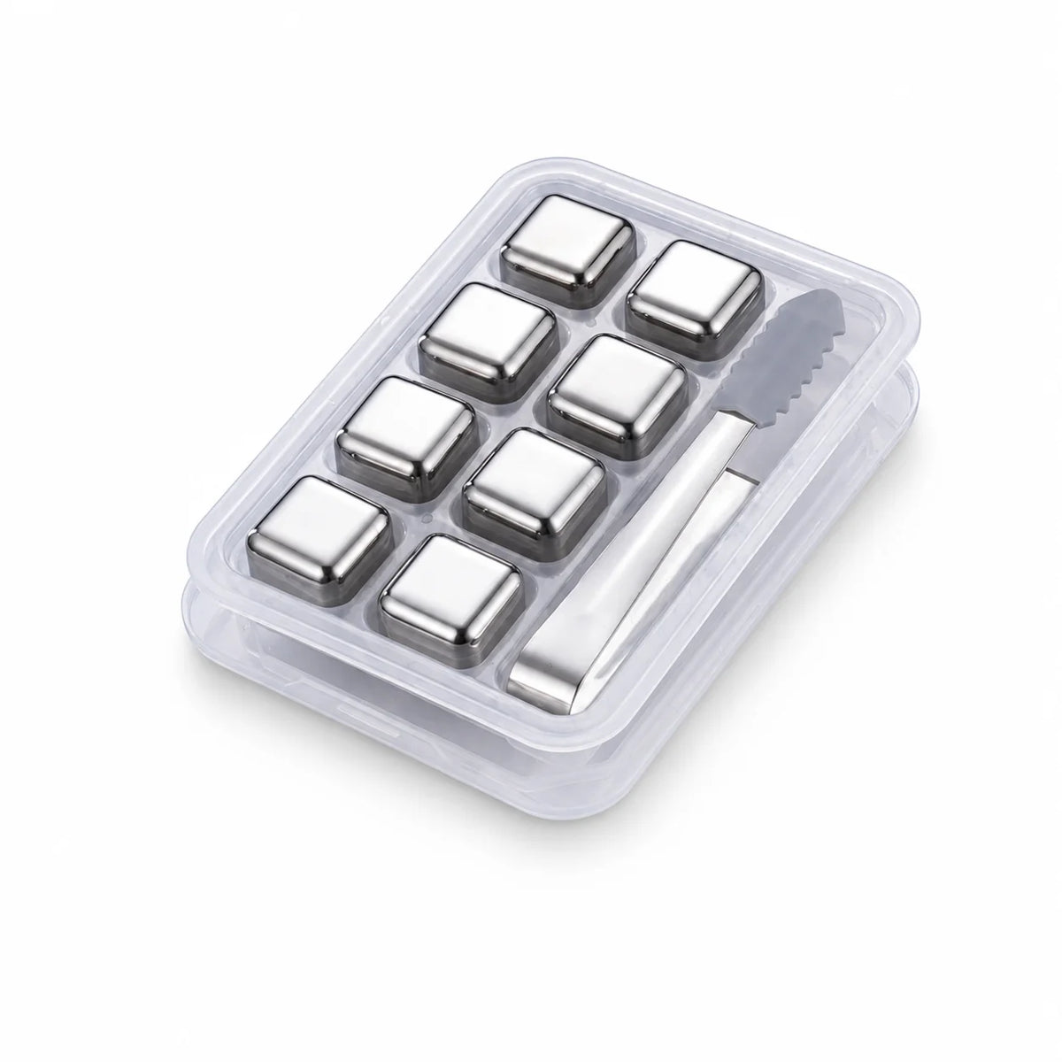 A clear plastic container holding multiple reusable stainless steel whiskey ice cubes and a small knife.