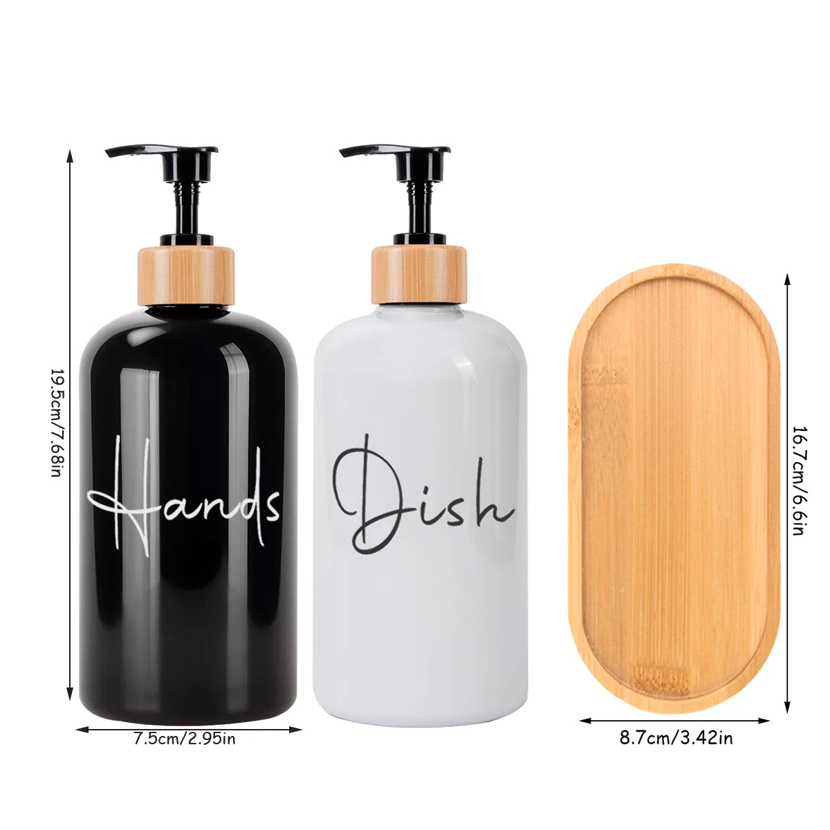A set of two large capacity refillable hand soap dispenser bottles with black and white labels and natural wood lids.