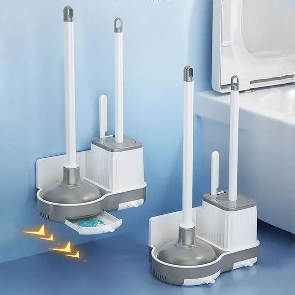 Ein Set aus drei weißen Toilettenreinigungswerkzeugen, einschließlich eines Siphons und einer Spachtelbürste, auf einer hellb