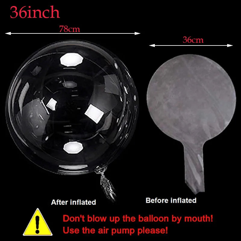 A clear latex balloon is shown inflated and deflated next to a measurement guide.
