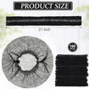 A black disposable bouffant hair net cover is shown in various forms, including a flat strip and a circular mesh.