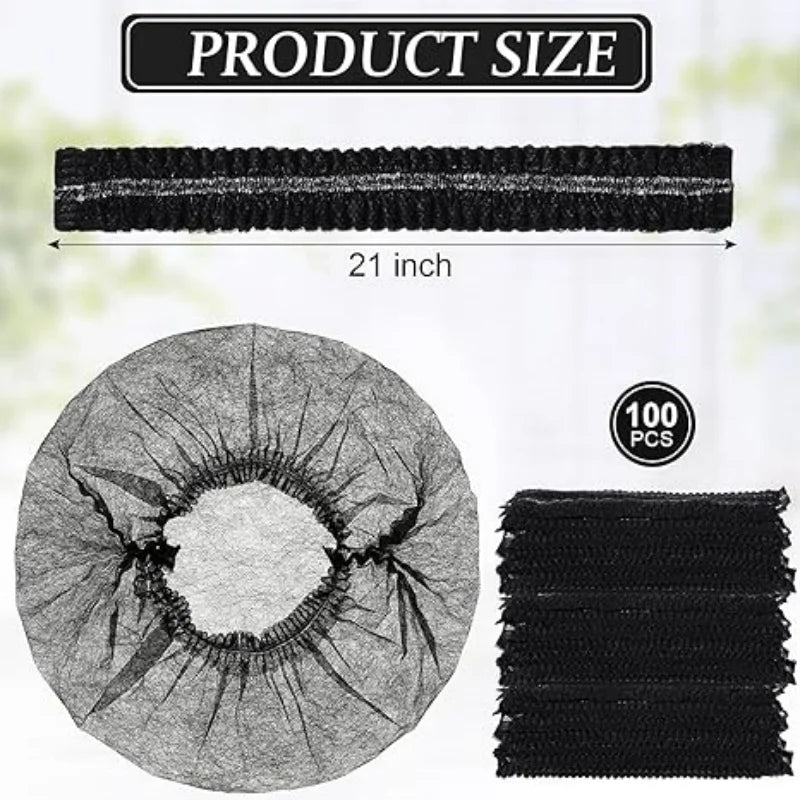 A black disposable bouffant hair net cover is shown in various forms, including a flat strip and a circular mesh.