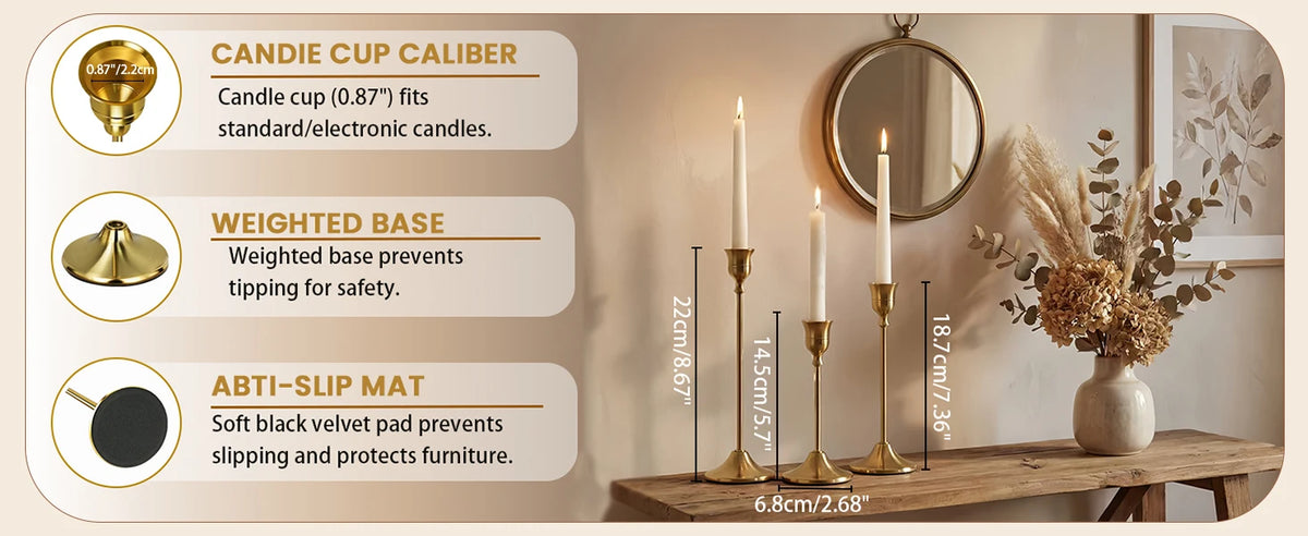 A set of six gold weighted metal taper candlestick holders displayed on a wooden surface.