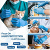 Blue nitrile disposable safety gloves being used for pet care, beauty, cleaning, and food preparation tasks.