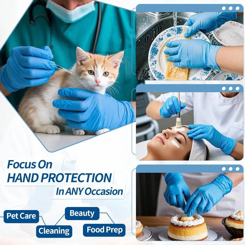 Blue nitrile disposable safety gloves being used for pet care, beauty, cleaning, and food preparation tasks.