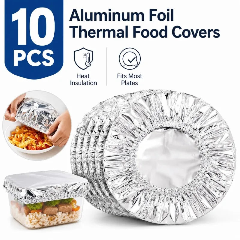 Ten pieces of aluminum foil thermal food covers, round and square, for heat insulation.