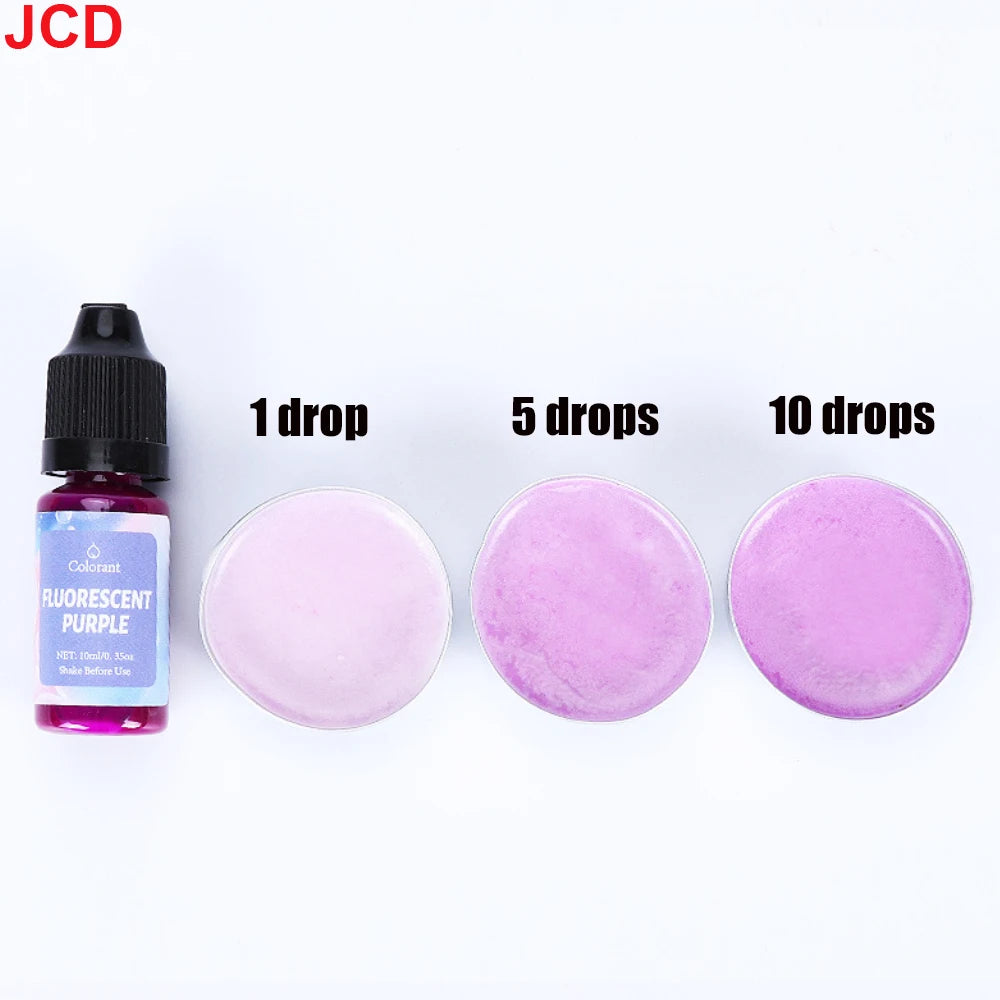 A bottle of fluorescent purple liquid candle dye next to four circular discs showing 1, 5, and 10 drops of the purple color.