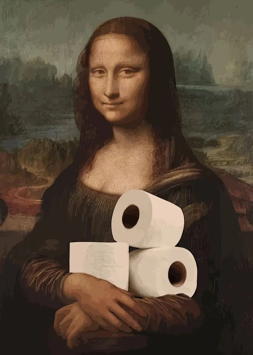 A portrait painting of a woman holding several rolls of paper.