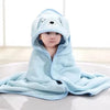 Baby in light blue soft cotton towel and swaddle set with a hood