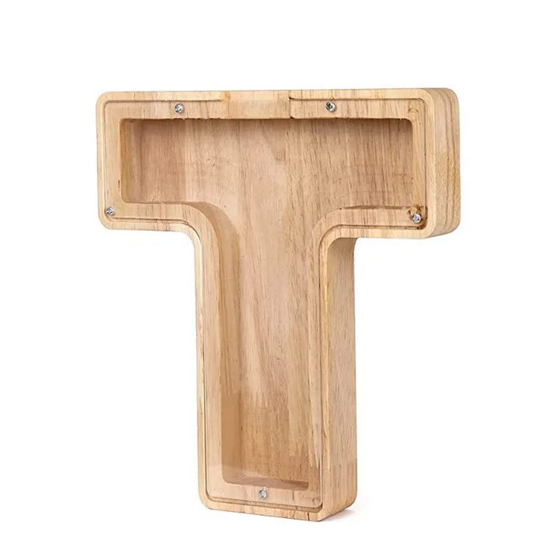 Une tirelire en forme de lettre T en bois pour l'épargne.
