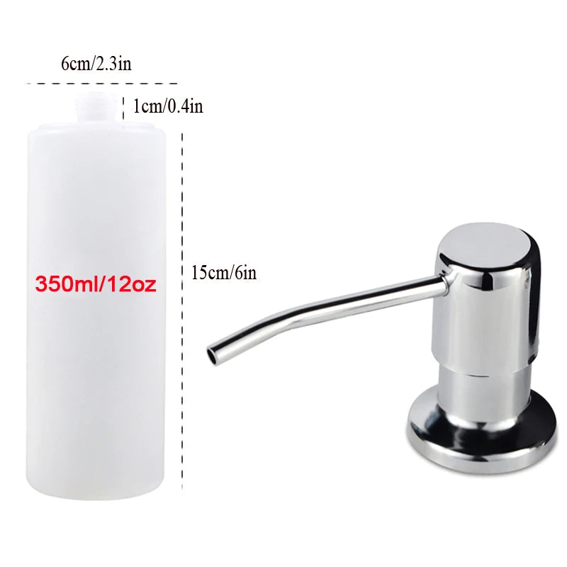 A white under-sink kitchen soap dispenser with a silver pump and a long spout.
