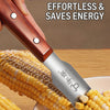 A hand uses a stainless steel corn kernel remover peeler to easily peel corn kernels from a cob.