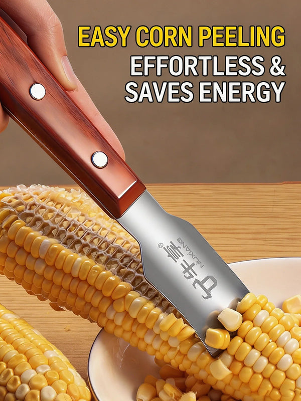 A hand uses a stainless steel corn kernel remover peeler to easily peel corn kernels from a cob.