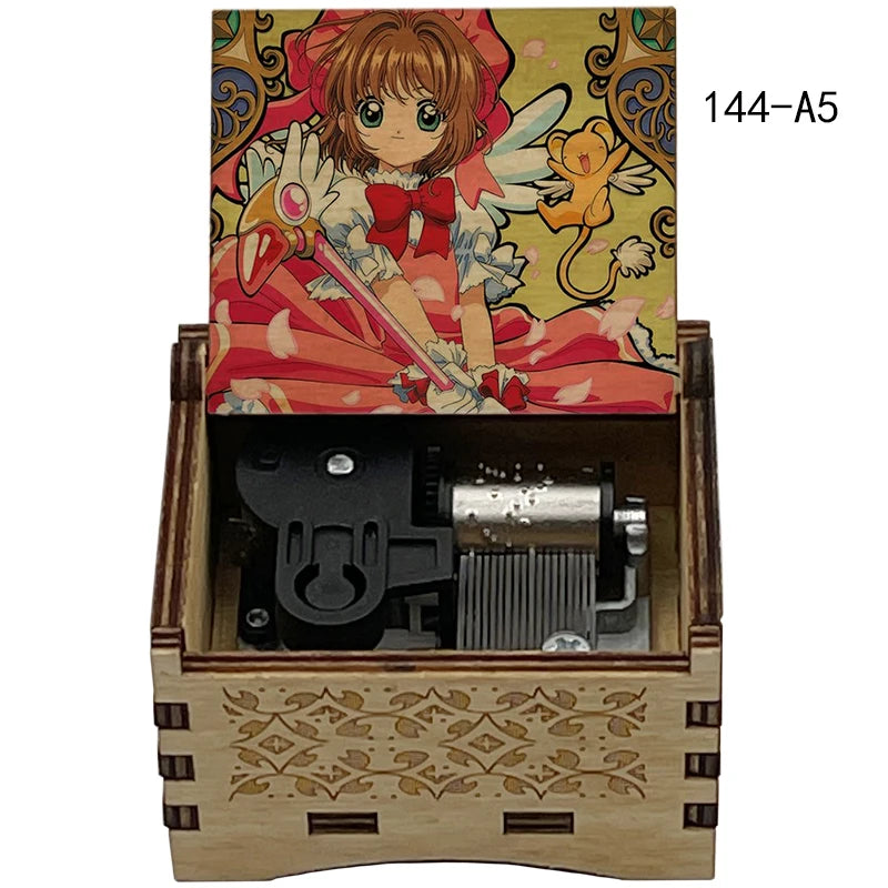 A wooden box containing a character illustration and a musical tone box for celebration gifts.