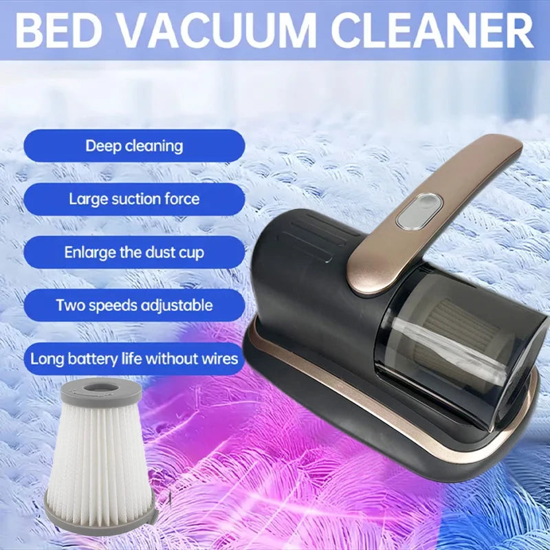 A black bed vacuum cleaner device with a large dust cup and a white cleaning head is shown on a purple textured surface.